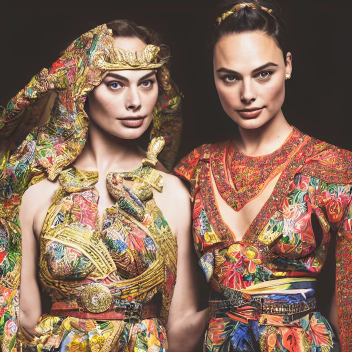 Prompt: portrait of margot robbie and gal gadot wearing southeast asian traditional dress, by charlotte grimm, natural light, detailed face, canon eos c 3 0 0, ƒ 1. 8, 3 5 mm, 8 k, medium - format print