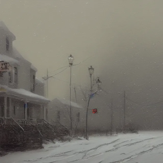 Image similar to a beautiful painting of a small new england town engulfed in a noreaster blizzard by rutkowski and rockwell, white out blizzard, horror concept art, detailed, art gallery quality, cinematic lighting