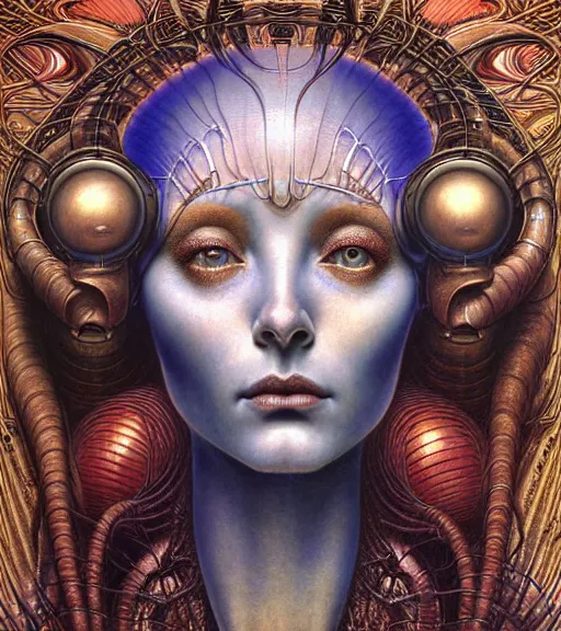 Image similar to detailed realistic beautiful young cher alien robot as queen of mars portrait by jean delville, gustave dore and marco mazzoni, art nouveau, symbolist, visionary, fractal baroque. horizontal symmetry by zdzisław beksinski, iris van herpen, raymond swanland and alphonse mucha. highly detailed, hyper - real, beautiful