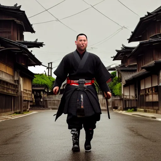 Image similar to keanue reeves wearing samurai armor walks in a street in a japanese village from 19th century in a star wars style, a x-wing is flying in the sky, rainy day, highly detailed, very highly detailed, 4k, photorealistic