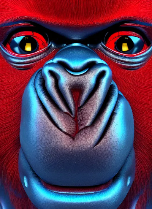 Prompt: a close up of a red gorillas face with blue eyes, an album cover by jacob toorenvliet, featured on behance, cubo - futurism, rendered in cinema 4 d, sketchfab, rendered in maya, red shift, synthwave, by enguerrand quarton, by alesso baldovinetti, 3 d render, holography,