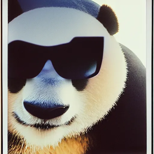 Image similar to grainy head to shoulder portrait polaroid film photograph of a panda in a mall wearing aviator shades. super resolution. surreal. extremely detailed. polaroid 6 0 0 film. by annie leibovitz and richard avedon