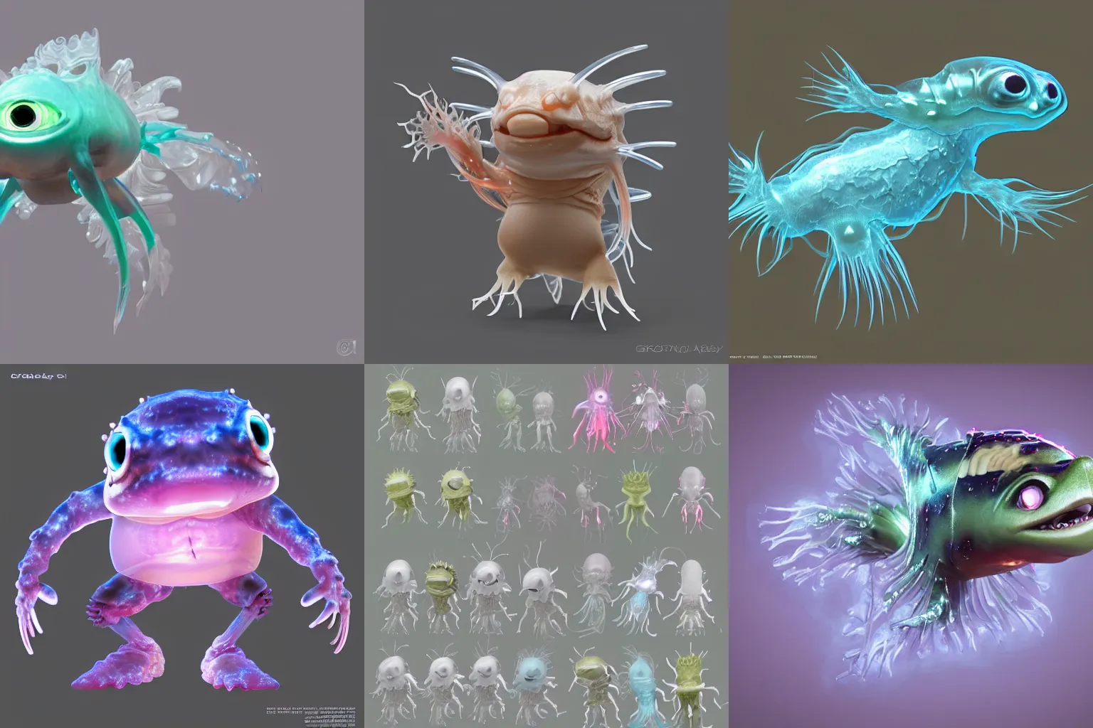 Prompt: cute! biomechanical axolotl, ghost shrimp, Barreleye fish, translucent SSS xray, Barreleye, rimlight, jelly fish dancing, fighting, bioluminescent screaming pictoplasma characterdesign toydesign toy monster creature, zbrush, octane, hardsurface modelling, artstation, cg society, by greg rutkowksi, by Eddie Mendoza, by Peter mohrbacher, by tooth wu, 8k