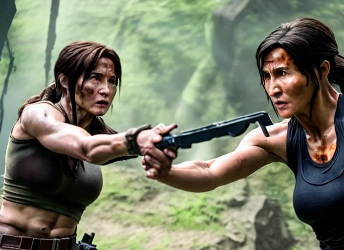 Image similar to film still of!!!! jackie chan jackie chan jackie chan!!! as lara croft in new tomb raider movie, 8 k