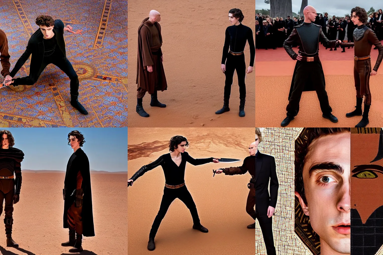 Prompt: knife-fight duel between bald_hairless_Austin_Butler-dressed-in-black and Timothee_Chalamet_dressed-in-brown-felt, on a mosaic floor, inspired by Dune 2020, detailed faces