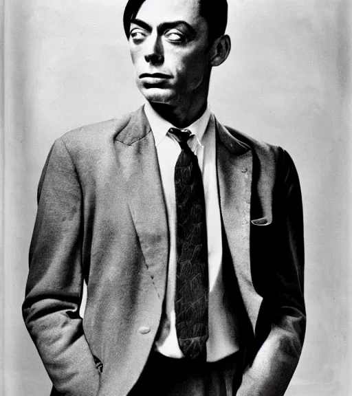 Image similar to a man who is a genetic combination of buster keaton and james dean, face and shoulders focus