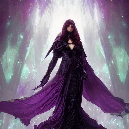 Image similar to masterpiece digital painting of a beautiful woman knight portrait, centered, heavy black obsidian armor, chaotic ruby inlays, large cape, by kev walker and greg rutkowski and mucha and luis royo, atmospheric fog effects background, purple sparkles, artstation, deviantart, closer view, cinematic lights