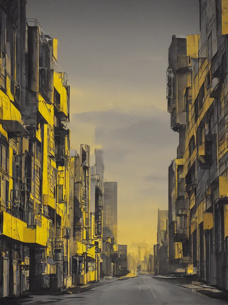 Prompt: gray street of the 8 0 s city, yellow sky as background, hyper realistic