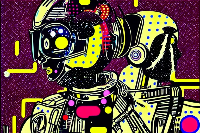 Image similar to ⚠ 👽 💉 ☠ 💢 😱 futuristic japanese cyberpunk by roy lichtenstein, by andy warhol, ben - day dots, pop art, bladerunner, pixiv contest winner, cyberpunk style, cyberpunk color scheme, mechanical, high resolution, hd, intricate detail, fine detail, 8 k