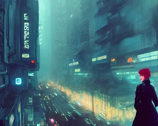 Image similar to 1 4 4 4 blade runner movie still ramona flowers look at the cityscape from roof perfect face fine realistic face pretty face reflective polymer suit tight neon puffy jacket blue futuristic sci - fi elegant by denis villeneuve tom anders zorn hans dragan bibin thoma greg rutkowski ismail inceoglu illustrated sand storm alphonse mucha