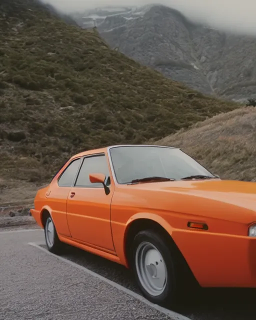 Image similar to film still of a toyota levin, mountain backround with a traffic cone nearby.