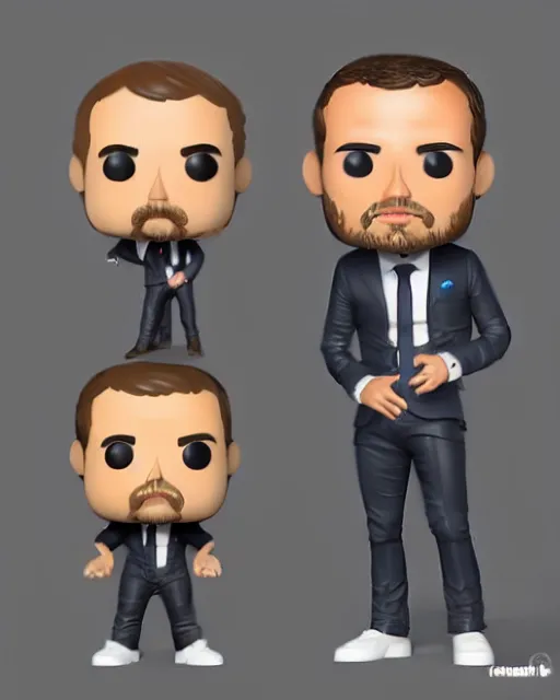 Prompt: full body 3d render of emmanuel macron as a funko pop, studio lighting, white background, blender, trending on artstation, 8k, highly detailed