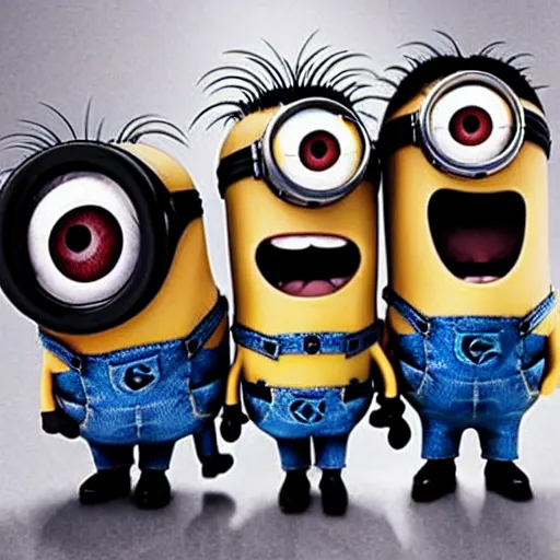 Image similar to minions as a heavy metal band from 8 0 s playing concert on wembley arena together with queen band