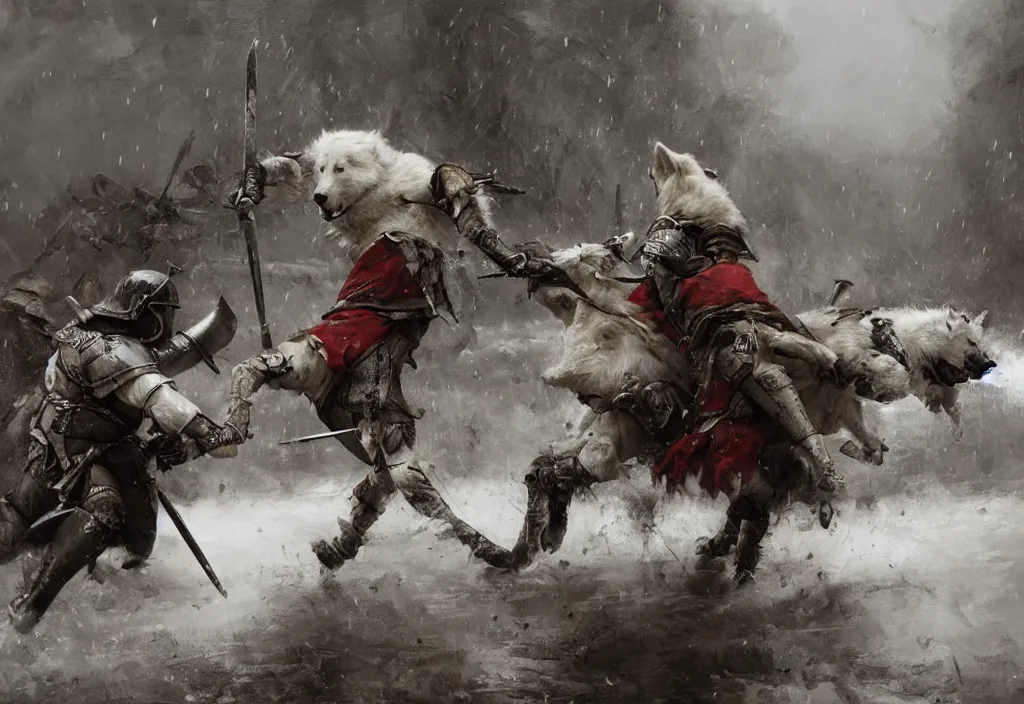 Image similar to one large white wolf fighting a medieval soldier, artstation, jakub rozalski, high detail, dramatic lighting, night, rain