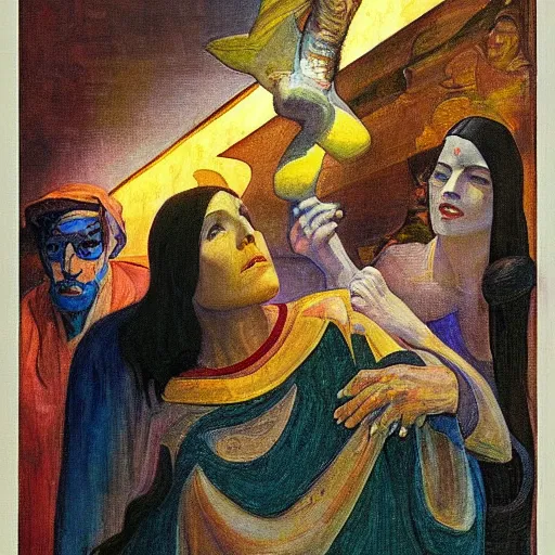 Prompt: the shaman of the subway, an art deco painting by annie swynnerton and leo and diane dillon and diego rivera and nicholas roerich, dramatic lighting, god rays, smooth, sharp focus, highly detailed