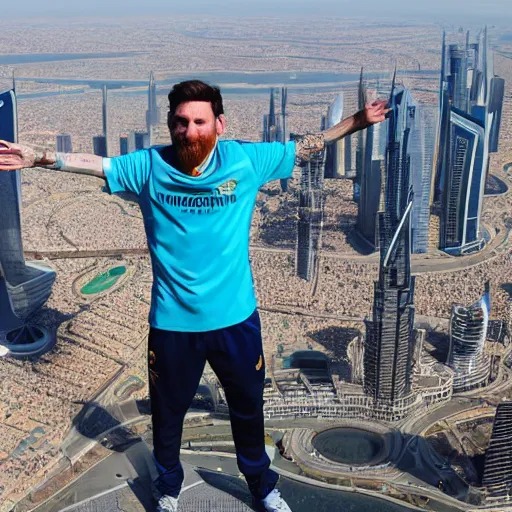 Image similar to Lionel Messi standing on top of Burj Khalifa