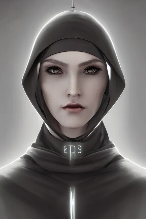 Prompt: a portrait of an lonely cyber nun, elegant, focus, detailed, realistic eyes, horizontal partial symmetry features proportions, intricate facial details, cybertech, award winning, trending in cgsociety artstation deviant art