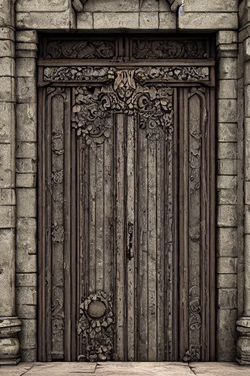 Image similar to a huge old heavy weathered wooden door made with rush plant ornaments in bright metalllic element, ornate, fantasy, photorealistic, octane render, volumetric light, high definition, ultra detailed, artstation, deviantart, cgsociety