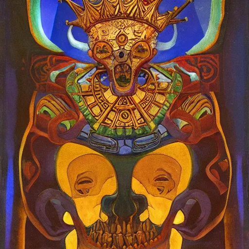 Image similar to the crown of madness and bones, by Annie Swynnerton and Nicholas Roerich and Diego Rivera, bioluminescent skin, elaborate costume, geometric ornament, symbolist, cool colors, smooth, sharp focus, extremely detailed