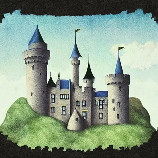 Prompt: A beautiful digital art of a castle in the clouds. graphic design by Maurice Sendak delicate
