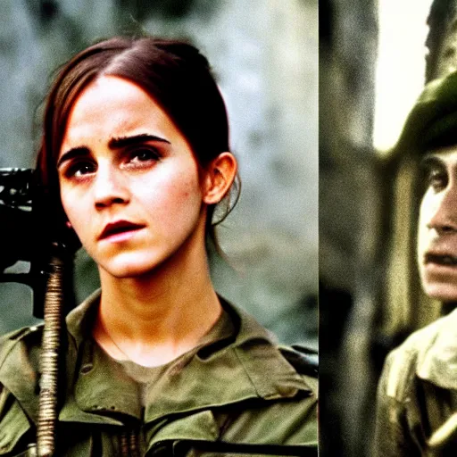 Image similar to film still, extreme far view, emma watson vietnam door gunner, film still from apocalypse now ( 1 9 7 9 ), 2 6 mm, kodak ektachrome, blue tint expired film,