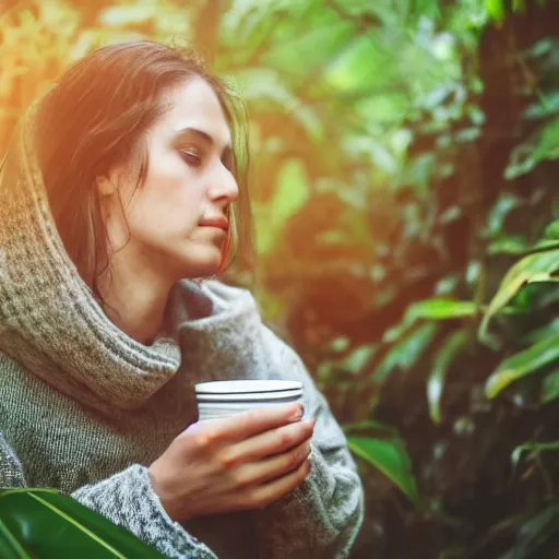 Image similar to woman drinking coffee in jungle, good lighting