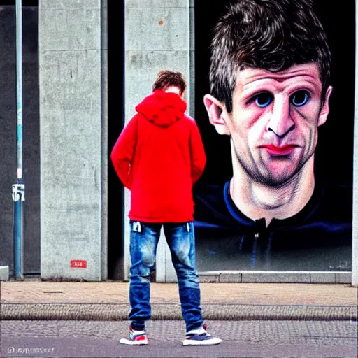 Prompt: Caricature but as 4k photography. thomas muller is a bum in the streets of berlin, looking at the ground, sad.