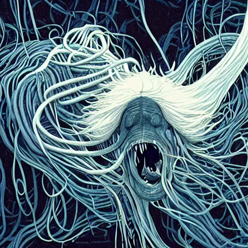 Image similar to a hyper detailed filmic wide shot 30mm color film photograph of a bundle of a dangerous gorey shape shifting alien creaturing spewing long worm-like spiney tendrils out of its snarling mouth, the tendrils are strangling and smothering a male 70-year-old doctor wearing a lab coat under dreary fluorescent lights, the walls are splattered with ketchup in the style of an HD horror film still from 1982