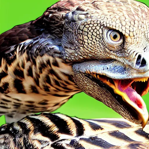 Prompt: Hawk morphed with a crocodile, hyper realistic HD photo, taken at zoo