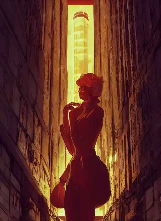 Prompt: titanic orange glowing humanoid standing next a skyscraper with thousands of floors and bright yellow windows inside a dark cavern, in the Style of Artgerm and Charlie Bowater and Atey Ghailan and Mike Mignola, hard shadows and strong rim light, Comic Cover Art
