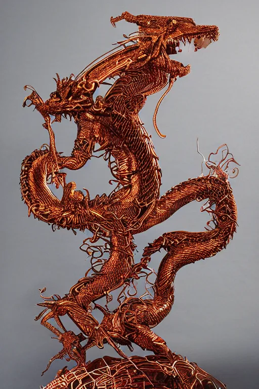 Prompt: a complex intracately detailed dragon made of copper wire. wirewrapping art. wire sculpture. product photpgraphy standing on black velvet. beautifully lit. black background