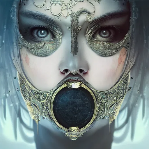 Prompt: Very very very very highly detailed epic central composition studio photography of face with venetian mask, intricate, dystopian, sci-fi, extremely detailed, digital painting, artstation, concept art, smooth, sharp focus, illustration, intimidating lighting, incredible art by Anna Dittmann