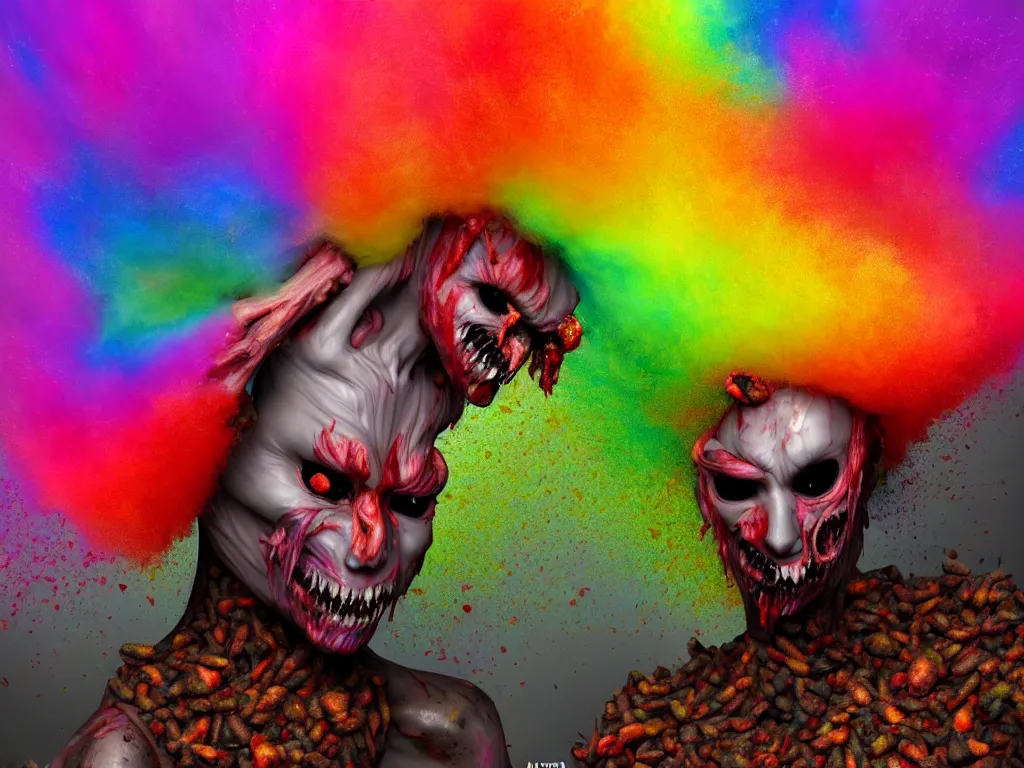 Prompt: a picture of a beautiful!!!! colorful flesh - eating!!!! yamazaku covered in rainbow fur, the ground is covered in maggots!!!!, hallucination, fear, morbid, nightmare, supernatural, 8 k, unreal engine, highly detailed, chiaroscuro, terrifying, trending on artstation