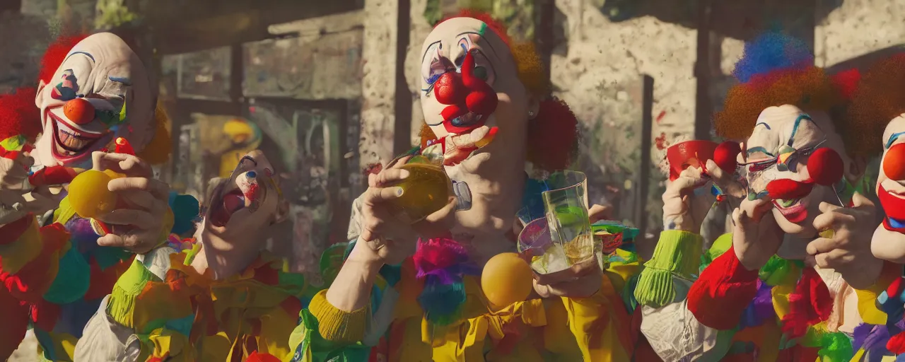 Image similar to clown gang drinking, wide angle, photo realistic, extreme detail, 8K , octane render, cinematic