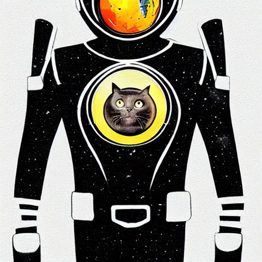 Image similar to black cat in space suit in style of Art Deco, retrofuturism, 4k, hyper realistic, incredible details,