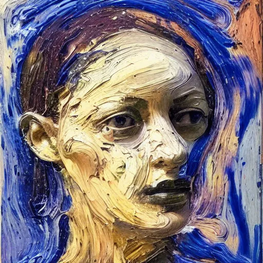 Image similar to oil paint impasto relief, portrait of woman's face, deep under water, lots blue colours, looking up, air bubbles, multi layered thick brush marks, some splattered paint, in the style frank auerbach and leonardo da vinci