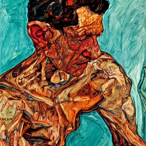 Image similar to high quality high detail expressionist painting of a man in agony by lucian freud and jenny saville and norman rockwell egon schiele and francis bacon, hd, anxiety, turquoise and orange