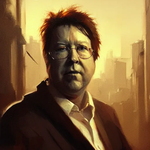 Image similar to closeup portrait of bill hicks, dramatic lighting, city background, chiaroscuro, high detail, painted by greg rutkowski, trending on artstation