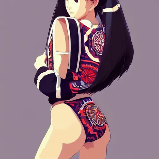 Image similar to a beautiful young japanese natalie portman alluring gravure model, stylized concept art, wearing elaborate oversized designer bomber jacket and one piece bikini, bulky bomber jacket with mesoamerican patterns, mesoamerican native street fashion, princess mononoke, painted by ilya kuvshinov aesthetic, gorgeous, stunning, alluring, attractive, artstation, pinterest, digital art