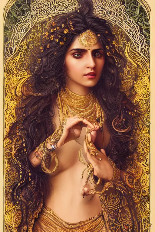 Image similar to a stunning ultradetailed illustration of an indian woman with epic wavy hair surrounded by paisleys and art nouveau floral patterns, by vania zouravilov and tom bagshaw, deep depth of field, catchlight in the eyes, studio lighting, golden ratio composition, 3 5 mm lens, very detailed, 8 k, artstation