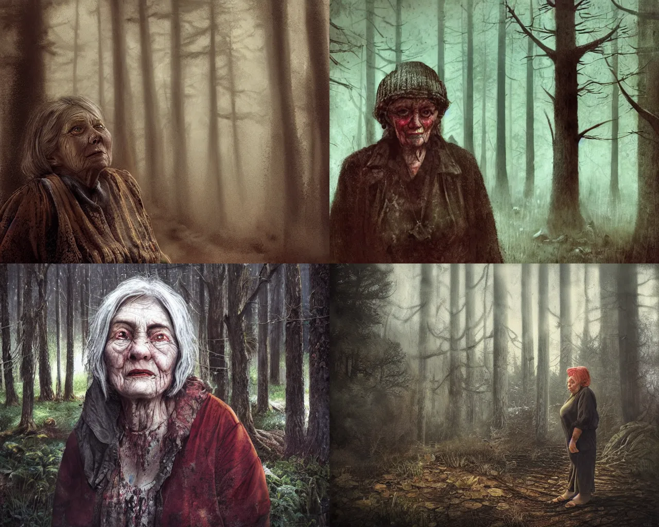 Prompt: close up portrait of an old woman with sinister face and dirty clothes standing outside of an old cabin, forest in the background, bokeh, depth of field, dramatic lighting, cinematic, vivid colors, matte painting, digital painting style by Andrew Ferez, Andrew Ferez color scheme