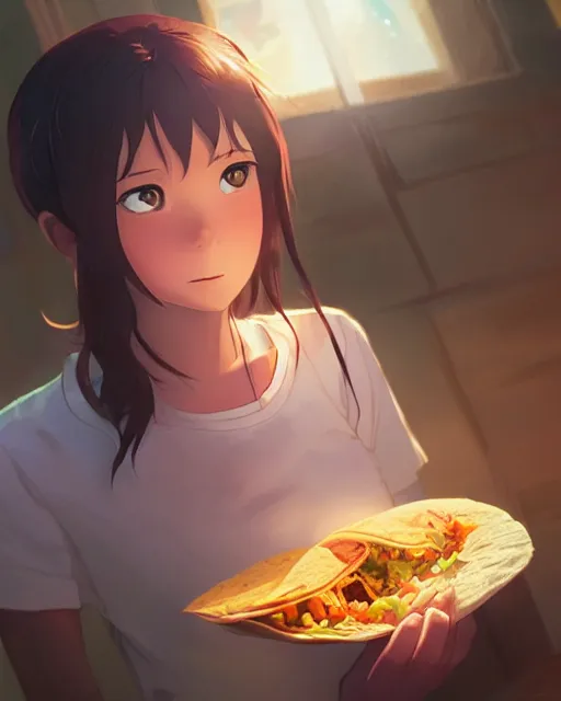 Image similar to a girl eating a huge taco, full shot, atmospheric lighting, detailed face, by makoto shinkai, stanley artgerm lau, wlop, rossdraws