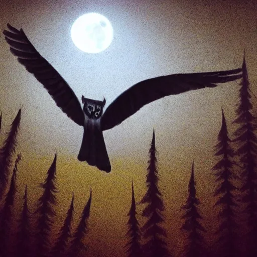 Image similar to huge owl with outstretched wings flapping flying at night through fog talons reaching for prey rabbit killing in the forest lit by the full moon fog moving through feathers