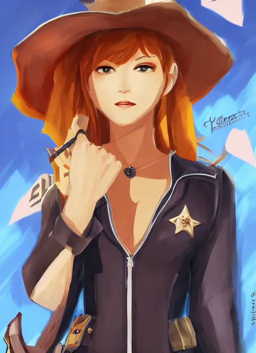 Prompt: full size persona, female sheriff, detail, ultra sharpness, beautiful female, detailed face, art by huyy nguyen, style by cain kuga, cowboy bebop art style, 3 2 beautiful color palettes with their corresponding gradient