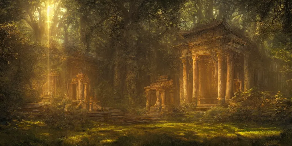 Image similar to Ancient temple lost in the heart of the forest belonging to the ancient goddess of earth and trees | dramatic light | cinematic lighting | sunshafts, volumetric lighting | golden hour | style of donato giancola