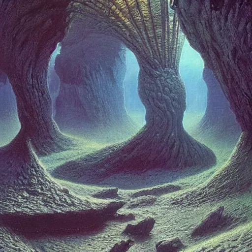 Image similar to artistic digital artwork of an epic natural scene on an alien planet. beautiful landscape by vincent bons, michael whelan and remedios varo. grainy and rough. interesting pastel colour palette. beautiful light. oil and water colour based on high quality render.