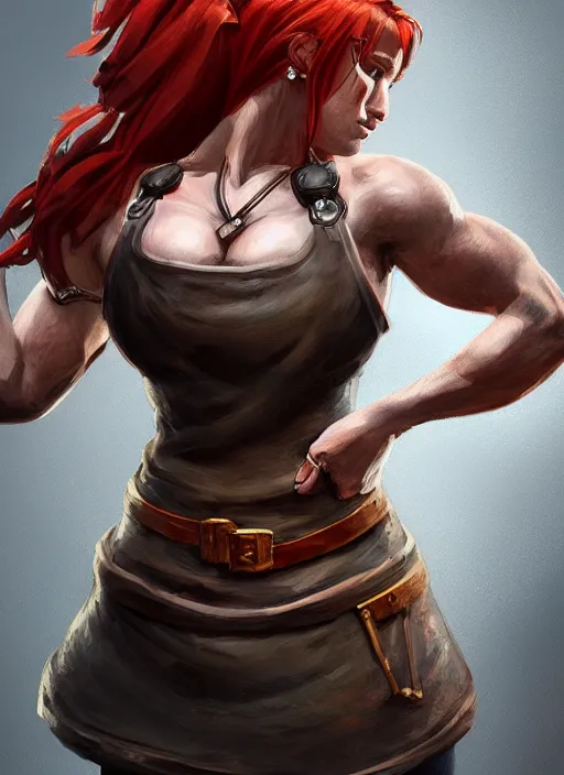 Prompt: a highly detailed illustration of fierce red haired blacksmith woman wearing blacksmith apron, muscular, dramatic pose, intricate, elegant, highly detailed, centered, digital painting, artstation, concept art, smooth, sharp focus, league of legends concept art, wlop.