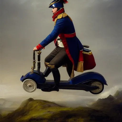 Image similar to Napoleon Bonaparte on his new electric scooter by Jeremy Lipkin and Giuseppe Dangelico Pino, oil on canvas, epic pose, cinematic, poster, 8k