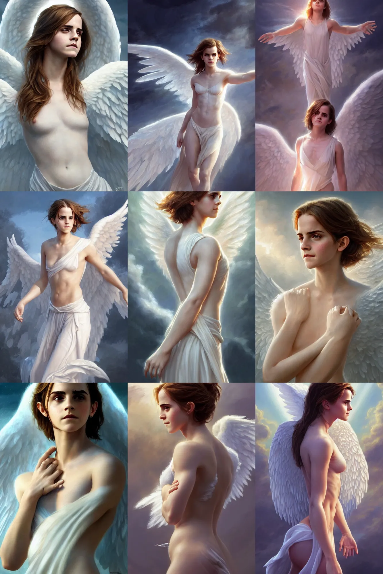 Prompt: emma watson as a heavenly angel, anatomy, bathing in light, highly detailed, digital painting, artstation, concept art, smooth, sharp focus, illustration, unreal engine 5, 8 k, art by art by artgerm and greg rutkowski and edgar maxence