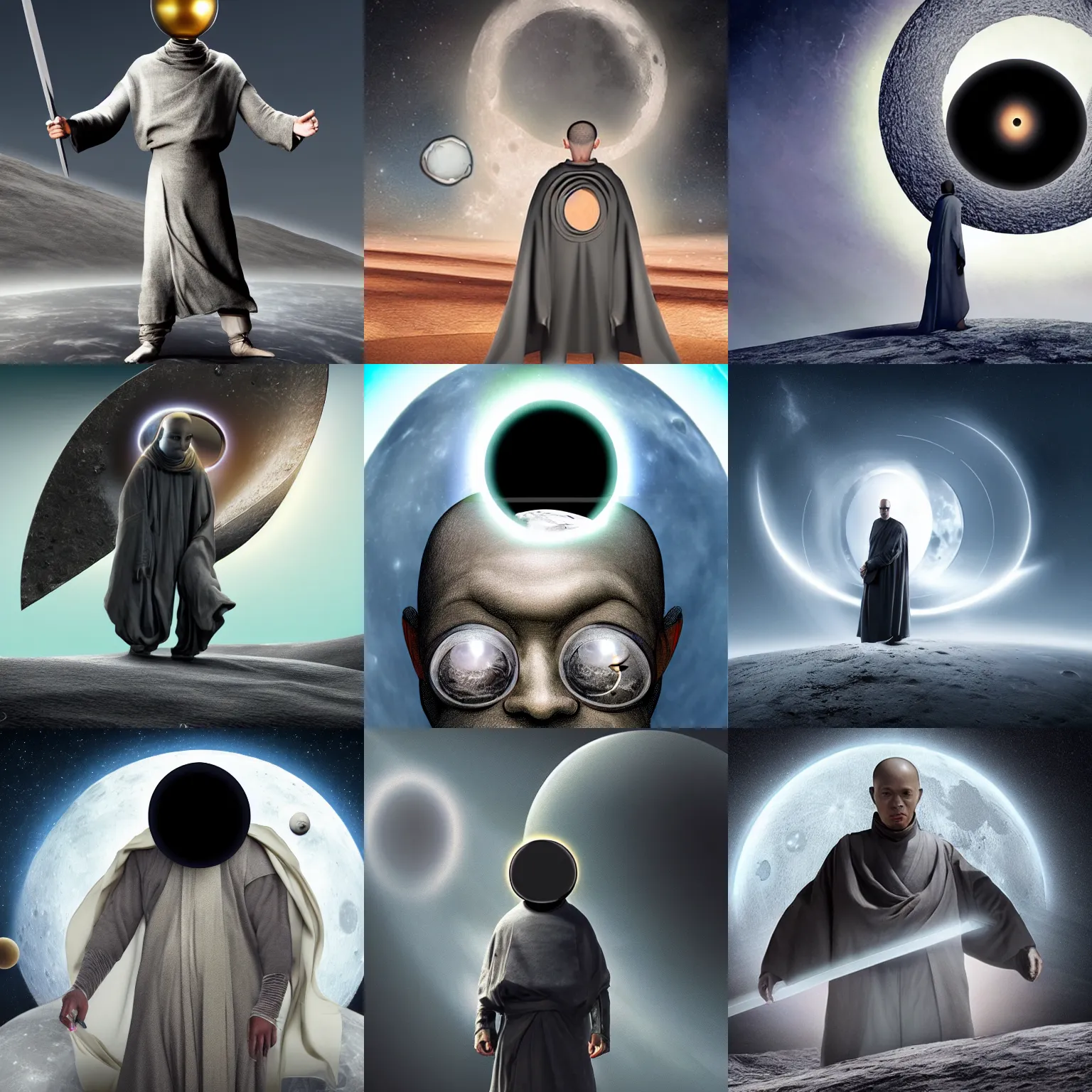 Prompt: futuristic monk in grey cloth with a black hole instead of head holding a rusty sword standing on the moon, his head is a black-hole with an accretion disc, 8K resolution, very aesthetic, moon surface background